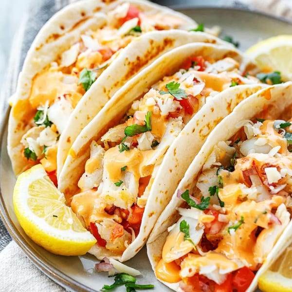 Three Mi Taquito Grill fish tacos with sauce, pico de gallo, and cilantro, with lemon wedges.